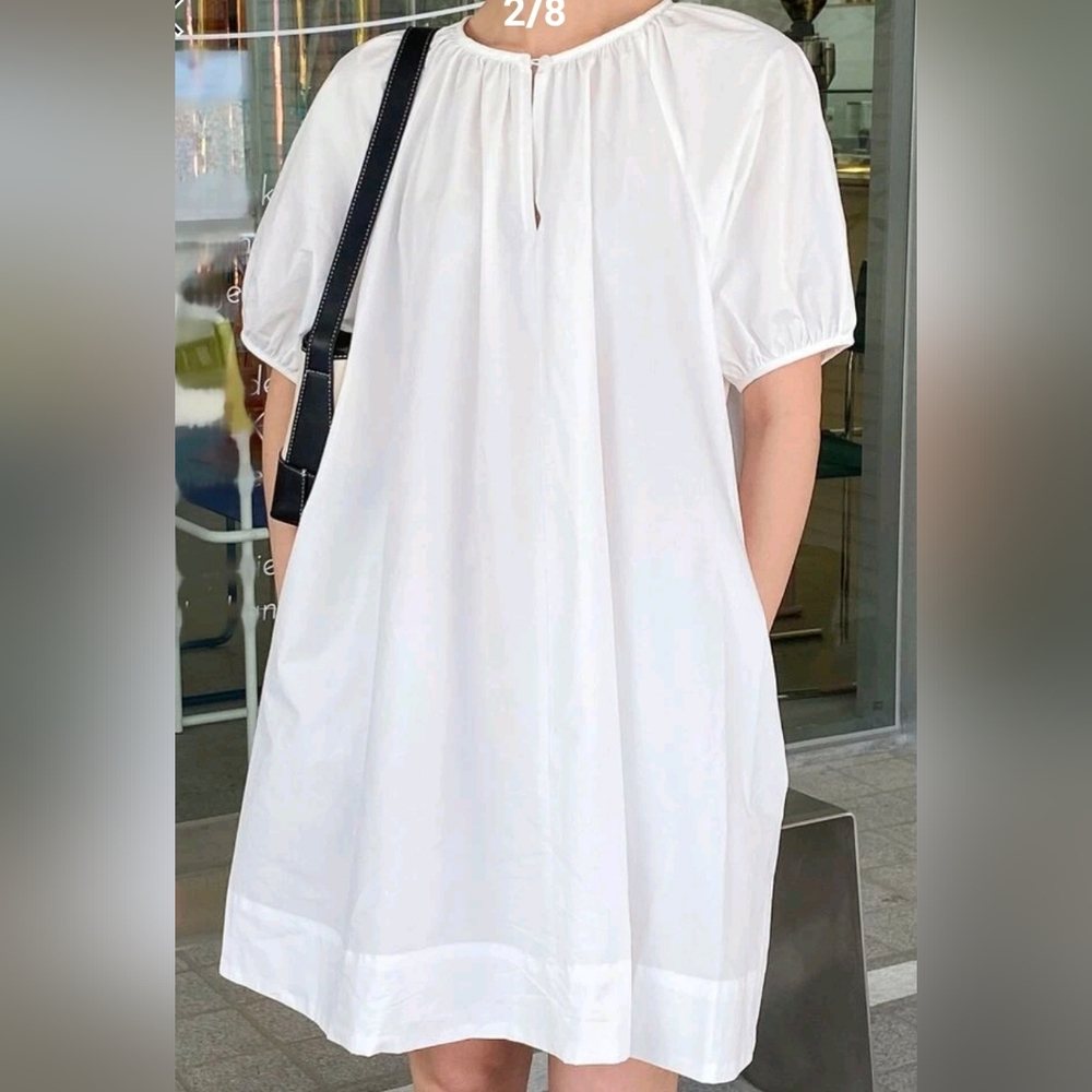 NWOT White Puff Sleeved Lined Cotton Tunic Dress with Pockets - Large
